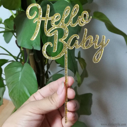 Hello Baby Gold Glitter Acrylic Party Cake Toppers