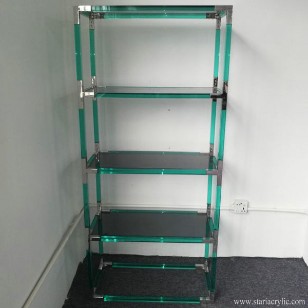 Green Tinted Acrylic and Gold Stainless Steel Bookshelf Lucite BookCase 